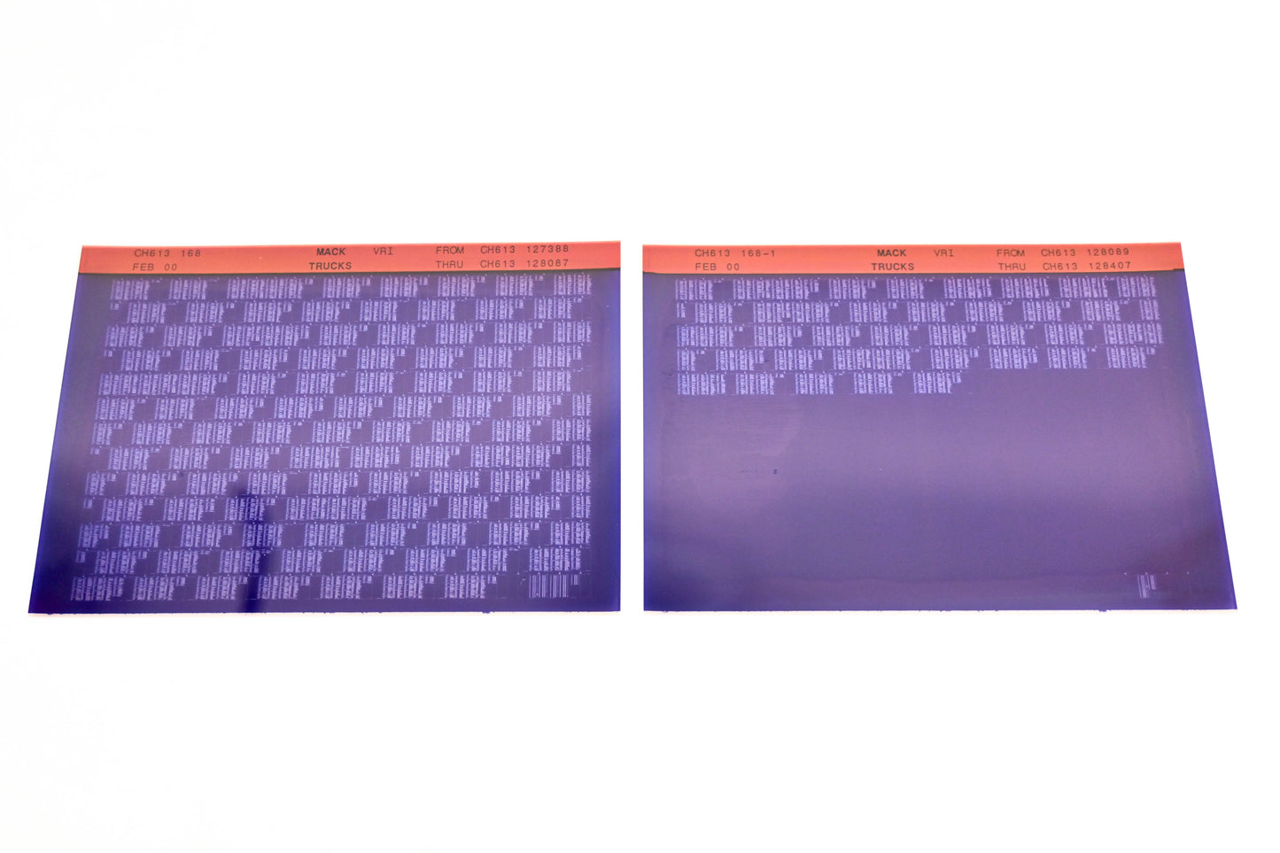 Mack CH613 168, CH613 168-1 CH613127388 - CH613128407 VRI Microfiche Lot of 2 NOS