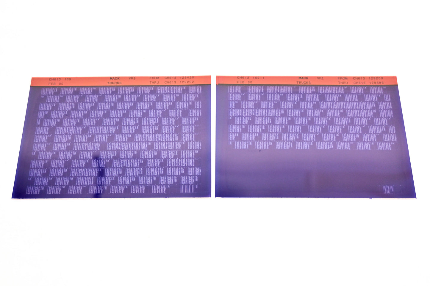 Mack CH613 169, CH613 169-1 CH613128420 - CH613129596 VRI Microfiche Lot of 2 NOS