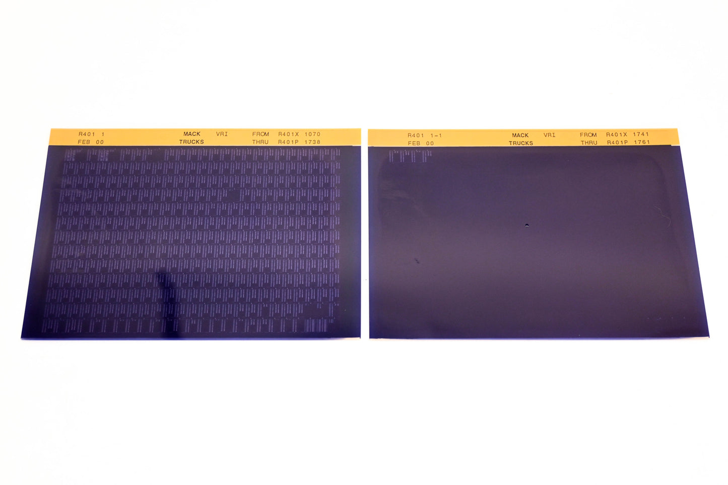Mack R401 1, R401 1-1 R401X107 - R401P1761 VRI Microfiche Lot of 2 NOS