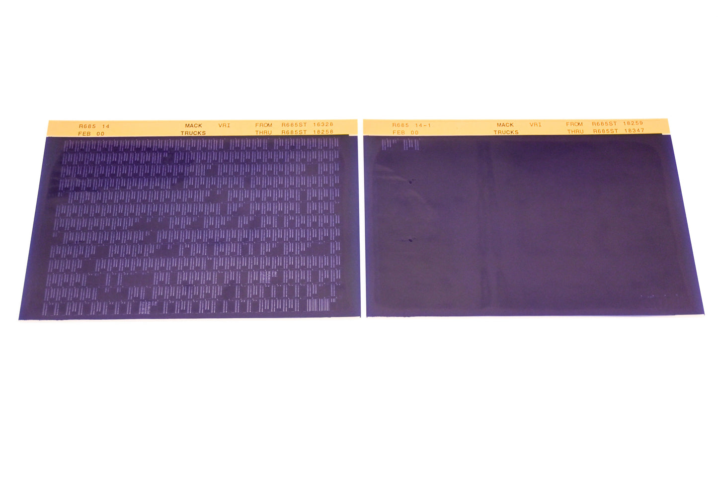 Mack R685 14, R685 14-1 R685ST16328 - R685ST18347 VRI Microfiche Lot of 2 NOS