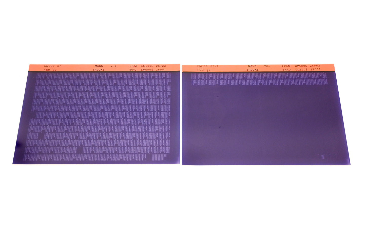 Mack DM690 37, DM690 37-1 DM690S25722 - DM690S27058 VRI Microfiche Lot of 2 NOS
