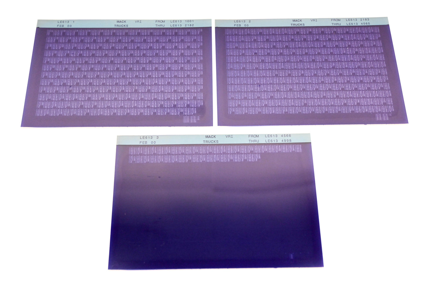 Mack LE613 1, LE613 2, LE613 3 LE6131001 -LE6134998 VRI Microfiche Lot of 3 NOS