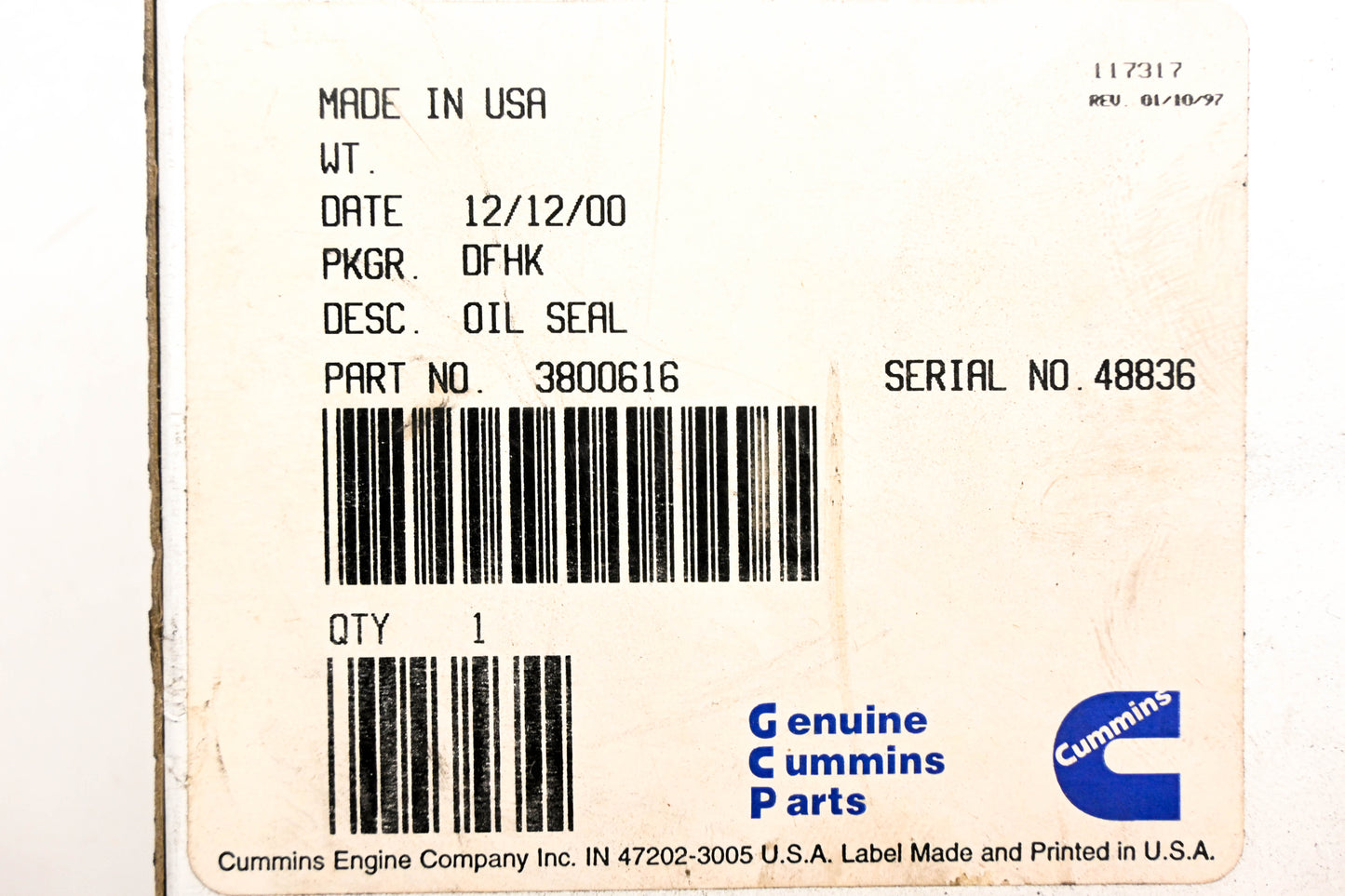 Cummins 3800616 Seal NOS