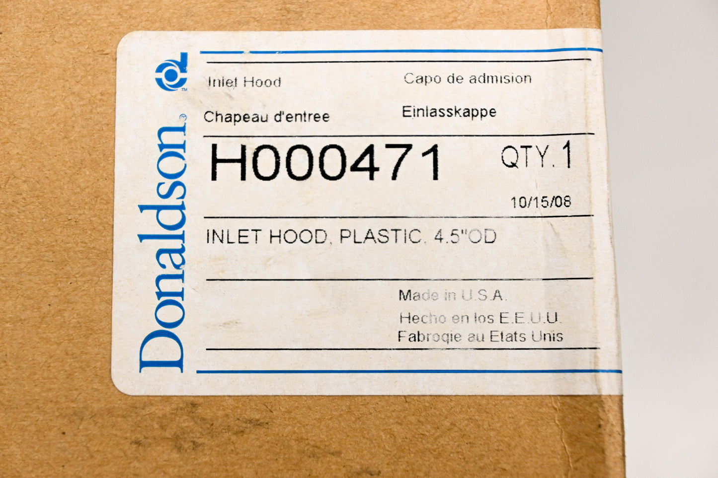 Donaldson H000471, H000471-202-140, 2MD2145 4.5" Plastic Inlet Hood NOS