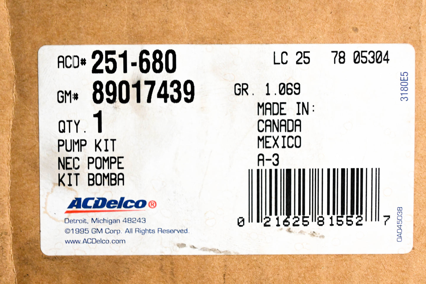 AC Delco 251-680, 890174390, 12569519 Water Pump Kit NOS