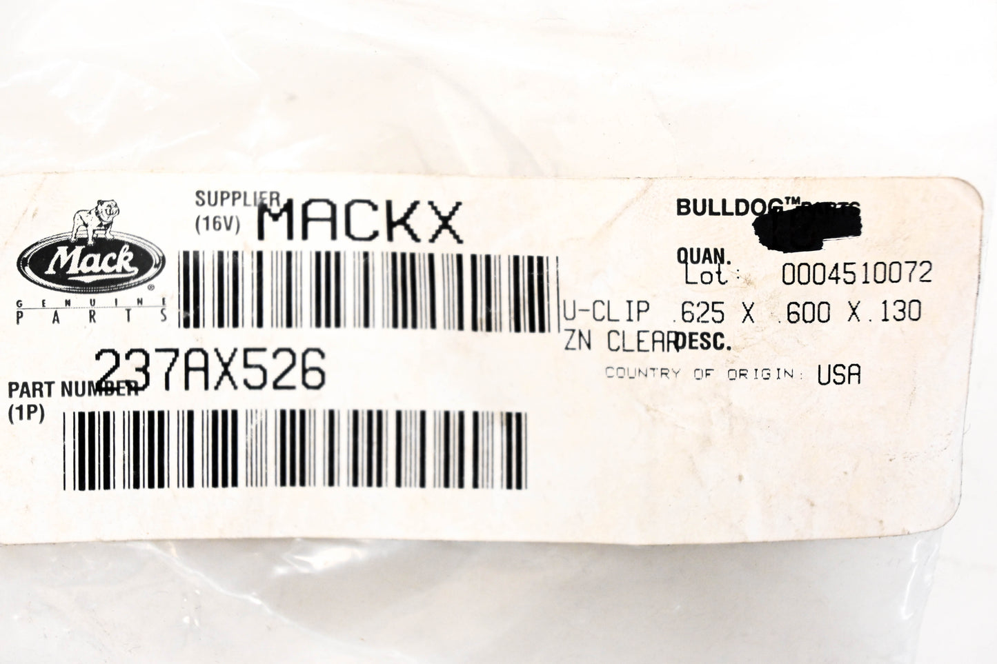 Mack 237AX526 U-Clips Qty 2 NOS
