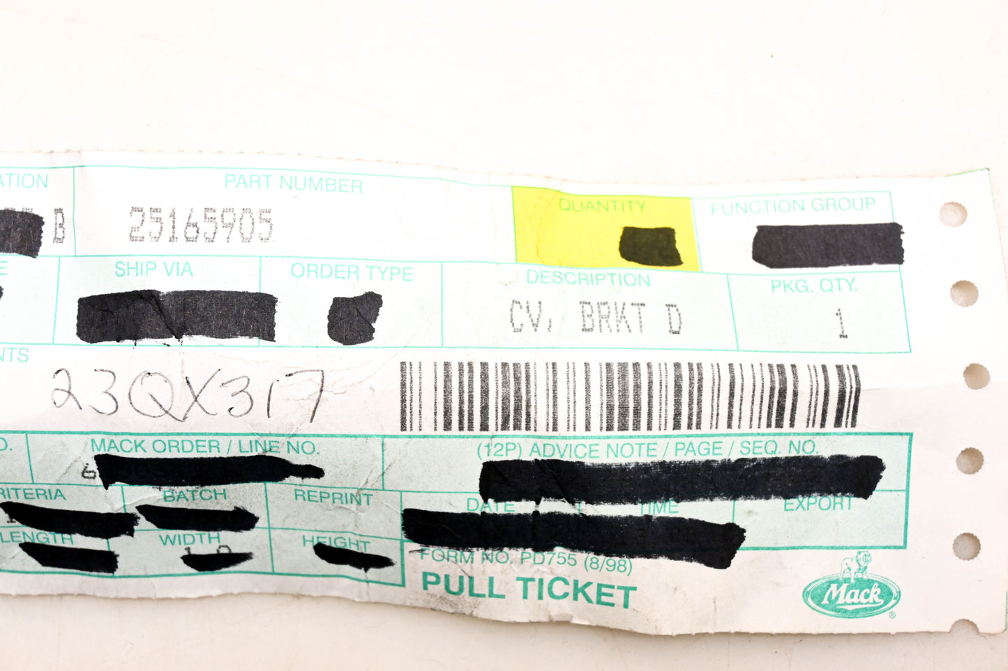 Mack 25165905, 23QX317 Door Check Bracket NOS