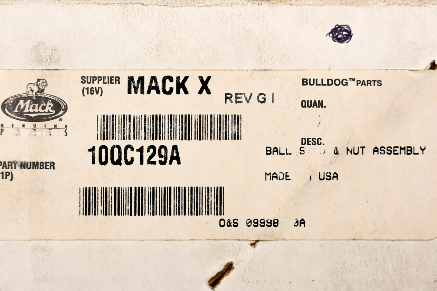 Mack 10QC129A Ball Stud & Nut Assembly NOS