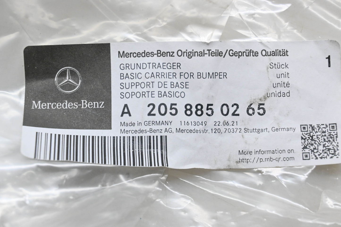 New OEM Mercedes-Benz 205 885 02 65 Basic Carrier for Bumper NOS