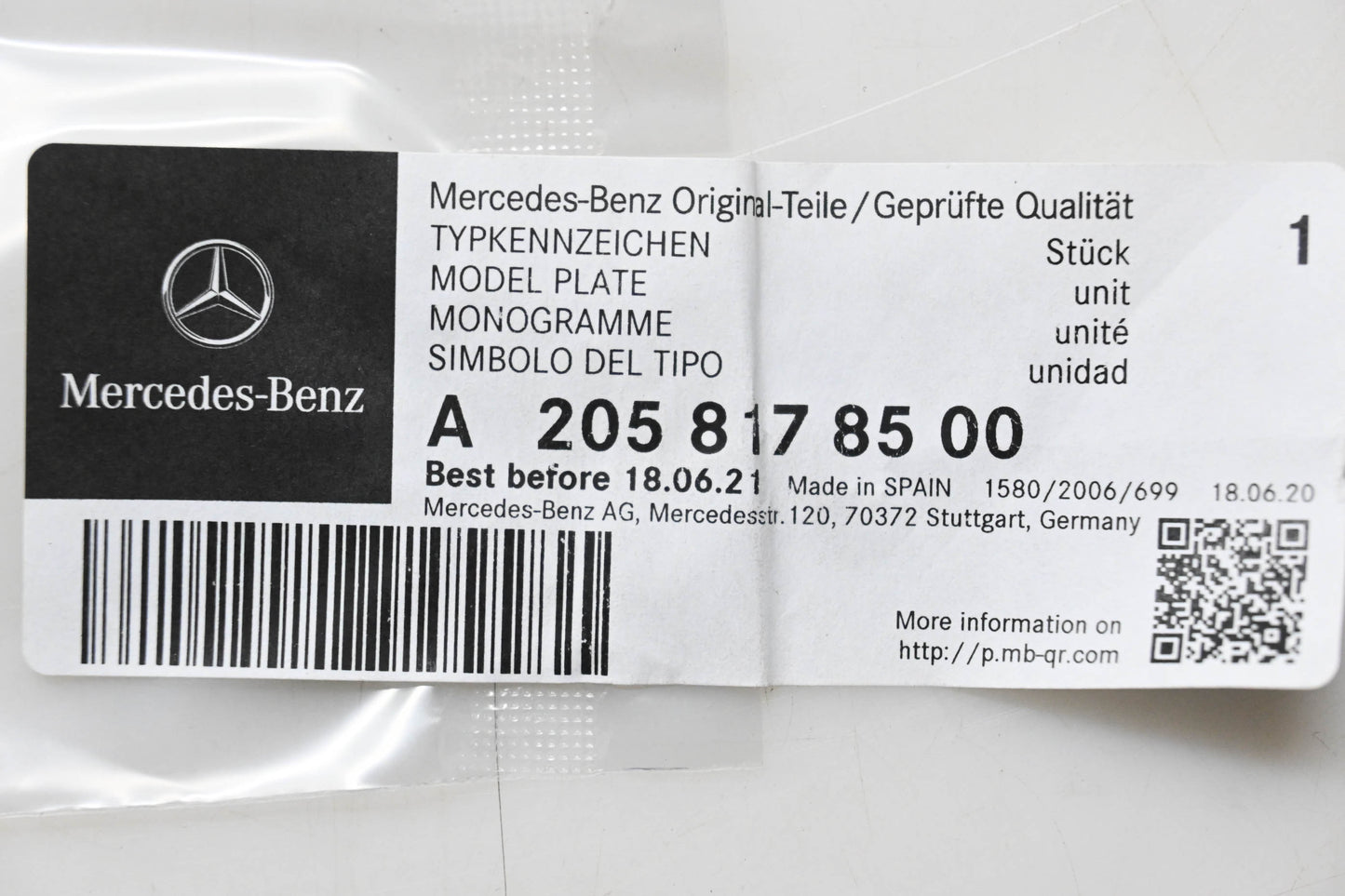 New OEM Mercedes-Benz 205 817 85 00 Model Plate NOS