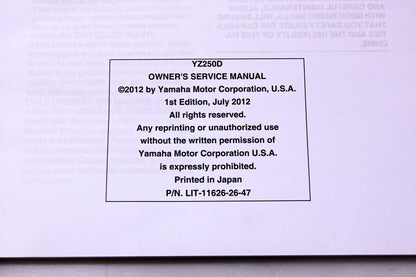 New OEM Yamaha LIT-11626-26-47 YZ250 2013 Owners Service Manual NOS