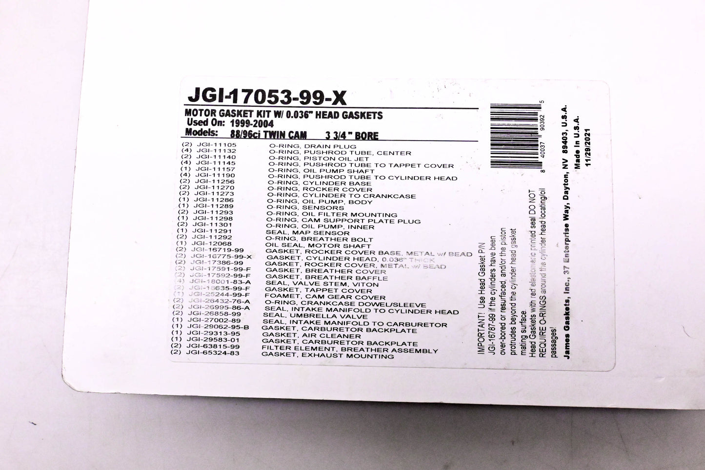 James Gaskets JGI-17053-99-X, 2011-2098 Motor Gasket Kit With 0.036" Head Gaskets NOS
