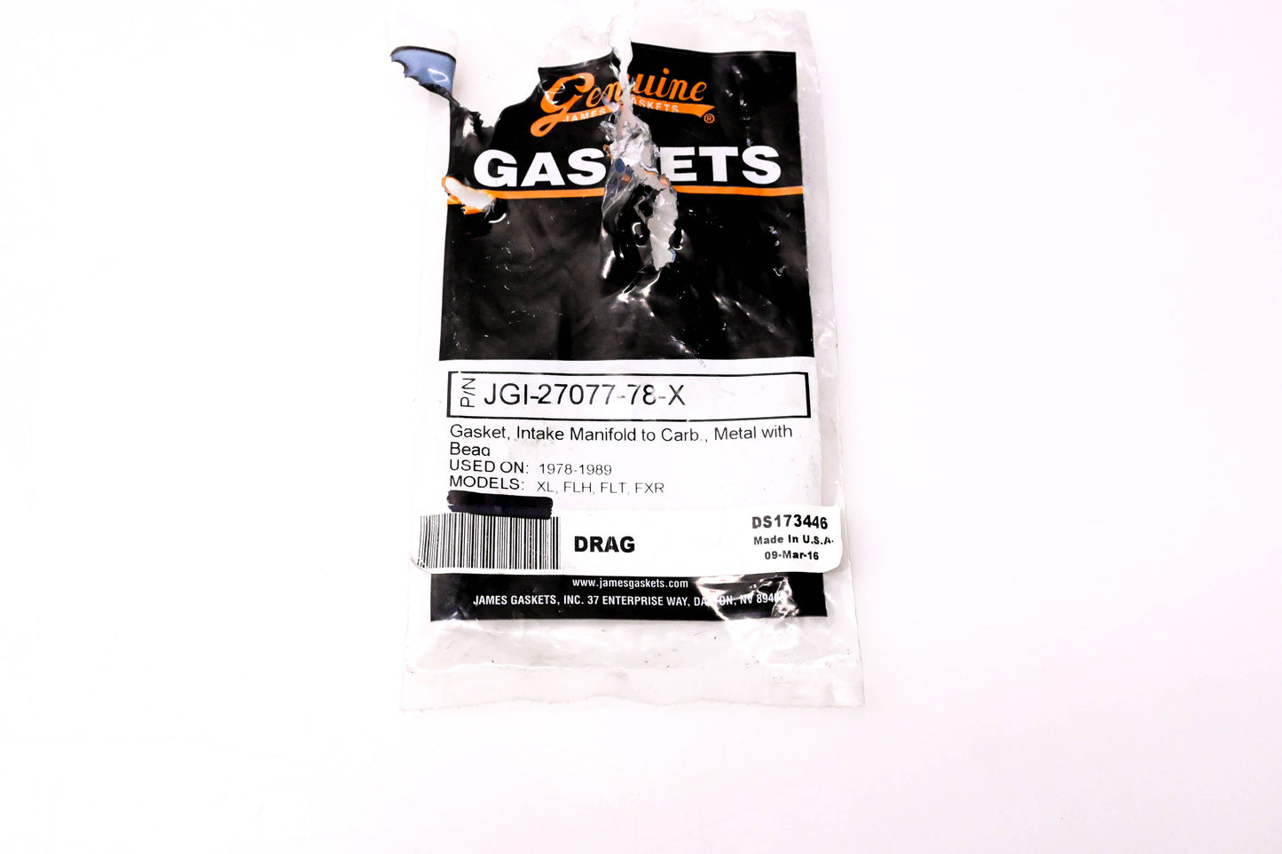 James Gaskets JGI-27077-78-X, DS173446 Intake Manifold To Carburetor Gasket, Metal With Bead NOS