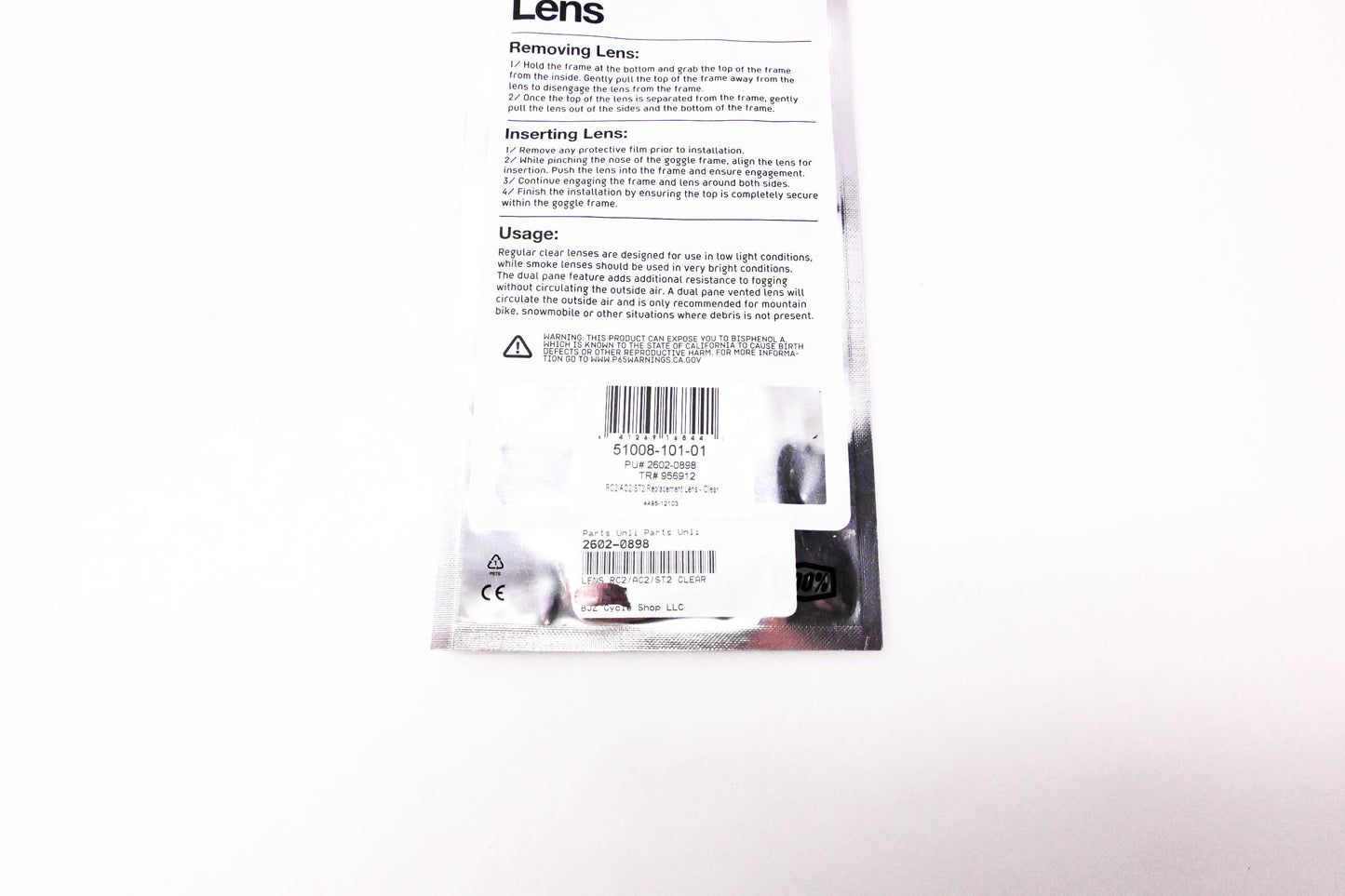 1 51008-101-01, 2602-0898, 956912 Replacement Lens Clear NOS