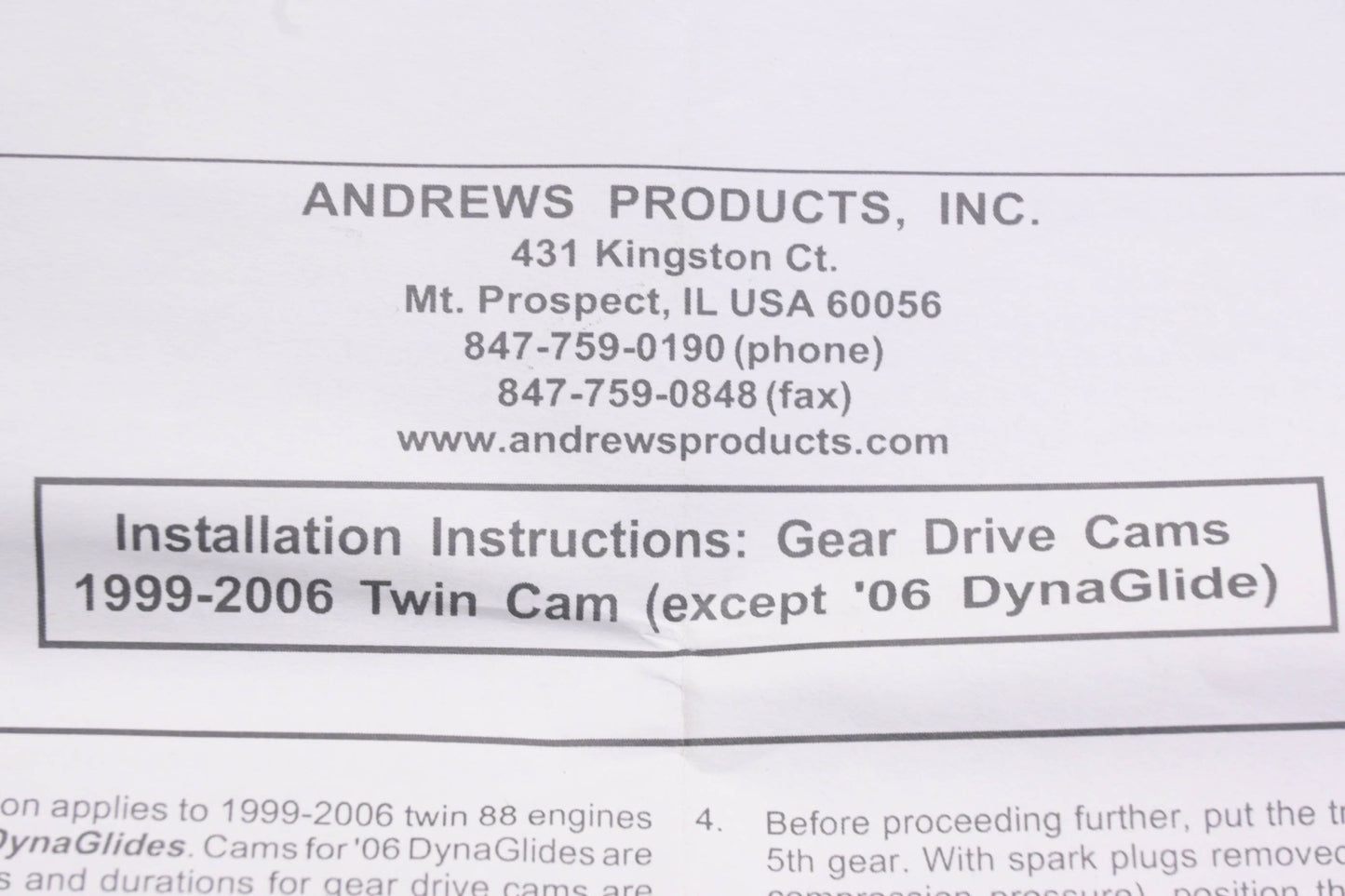Andrews Products 288121G TW21G Twin 88 Gear Drive Cam Kit NOS