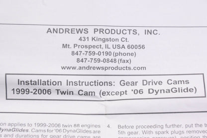 Andrews Products 288121G TW21G Twin 88 Gear Drive Cam Kit NOS