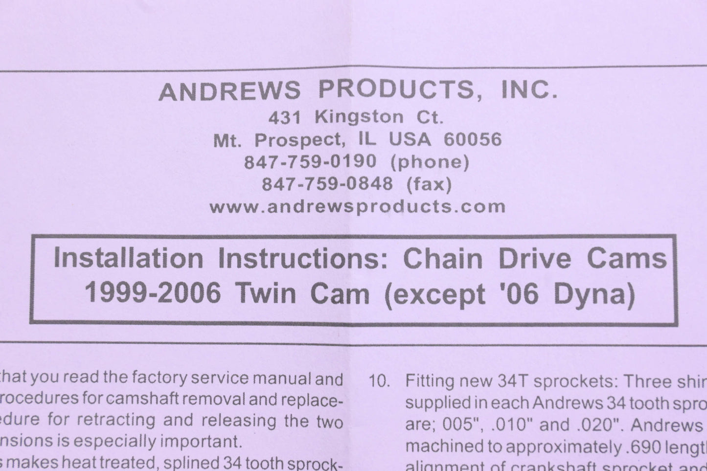 Andrews Products 288126 TW26 Twin 88 Cam kit NOS