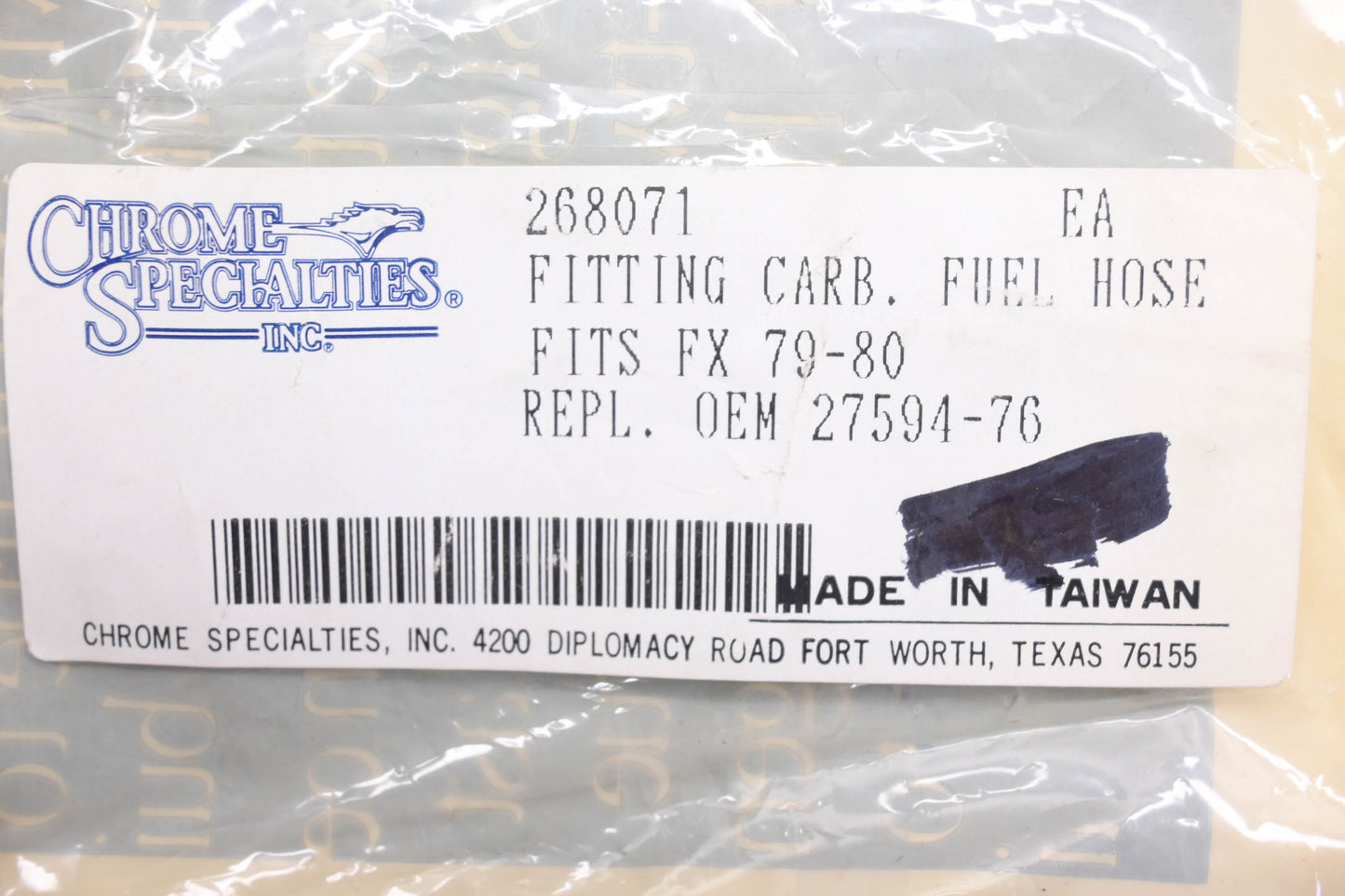 Chrome Specialties 268071, 27594-76 Fitting Carburetor Fuel Hose NOS