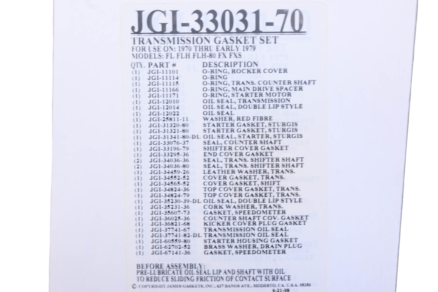James Gaskets JGI-33031-70, DS-173418 Transmission Gasket Kit NOS
