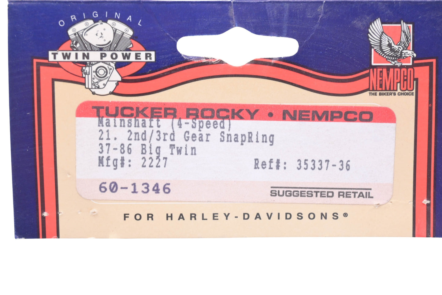 Tucker Rocky 60-1346, 2227, 35337-36 Twin Power 2nd/3rd Gear Snap Rings Qty 2 NOS