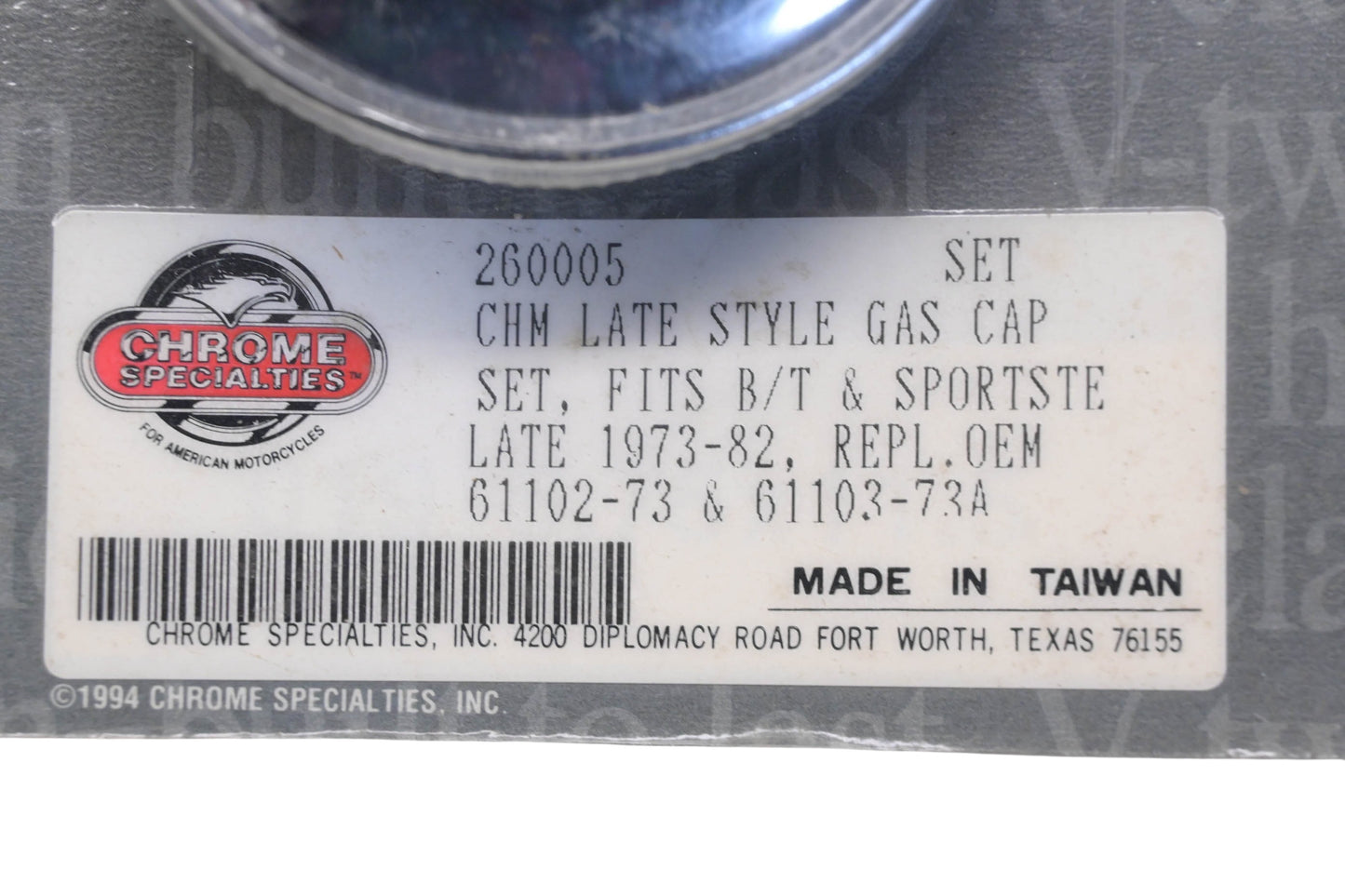 Chrome Specialties 260005, 61102-73, 61103-73A Late Style Chrome Gas Cap Kit NOS