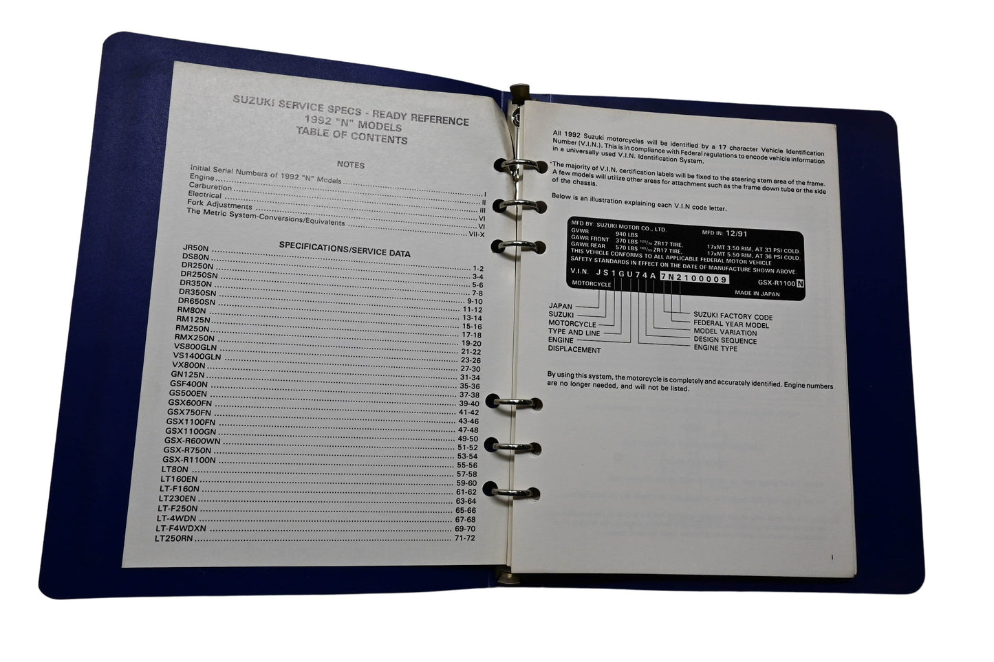 OEM Suzuki 99923-03921 1992 N Model Ready Reference Service Specifications Manual