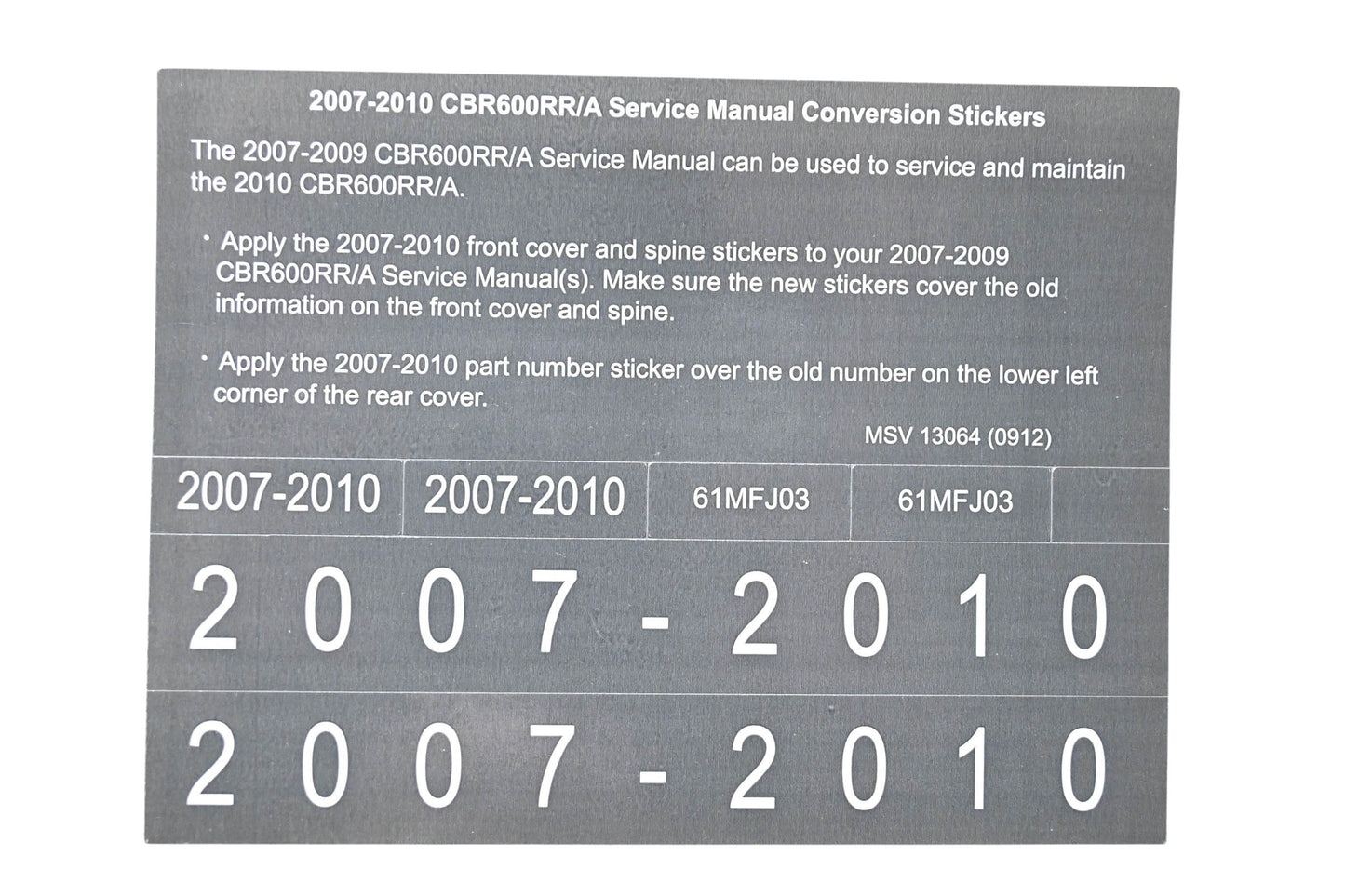 New OEM Honda MSV 13064 2007-2010 CBR600RR/A Service Manual Conversion Sticker Kit NOS
