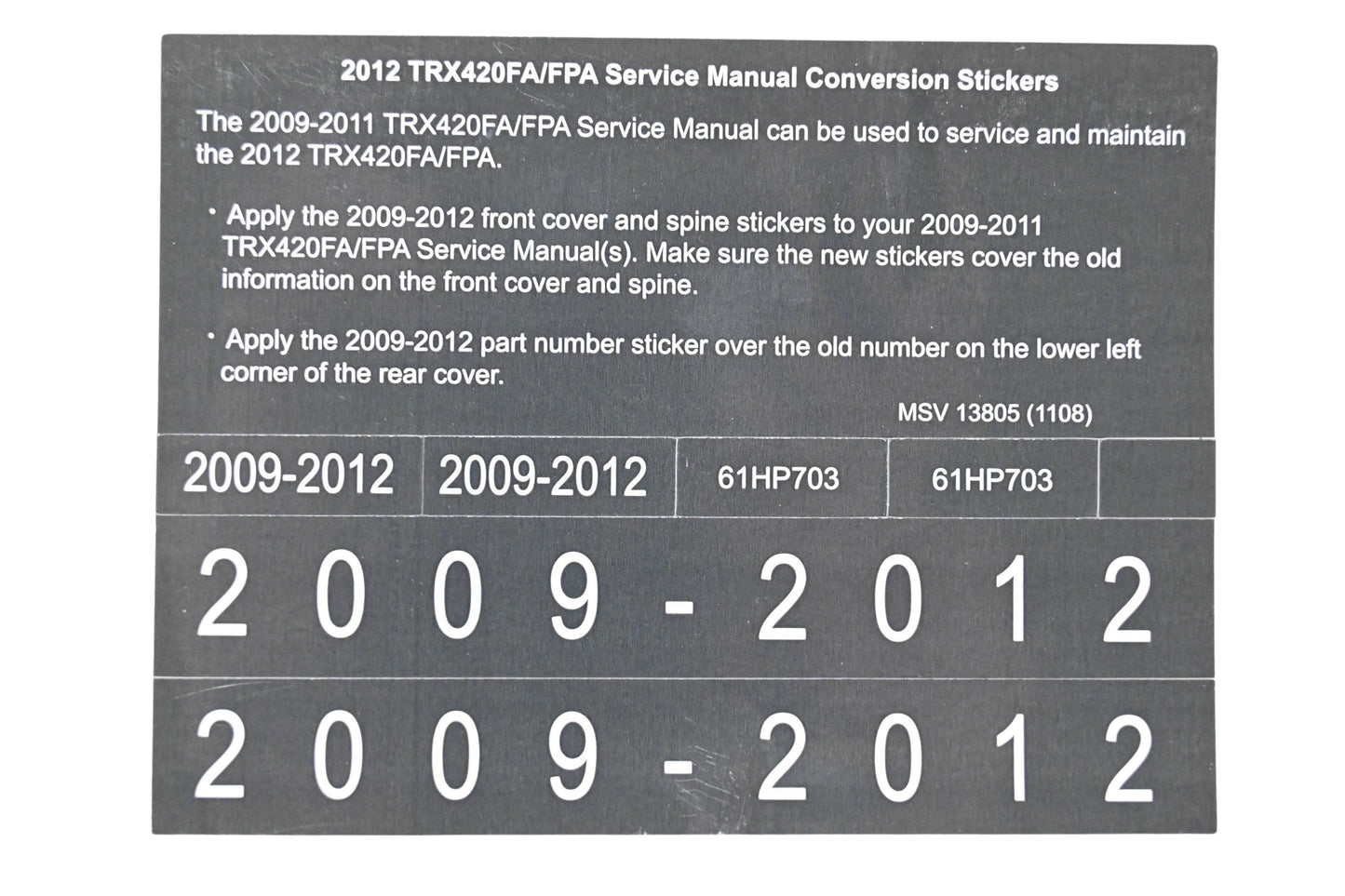 New OEM Honda MSV 13805 2012 TRX420FA/FPA Service Manual Conversion Sticker Kit NOS