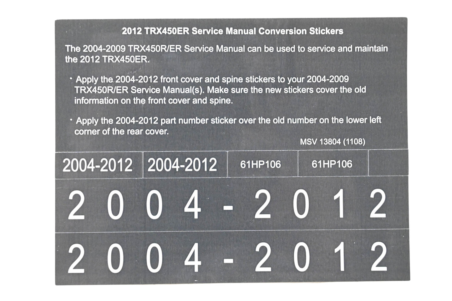 New OEM Honda MSV 13804 2012 TRX450ER Service Manual Conversion Sticker Kit NOS
