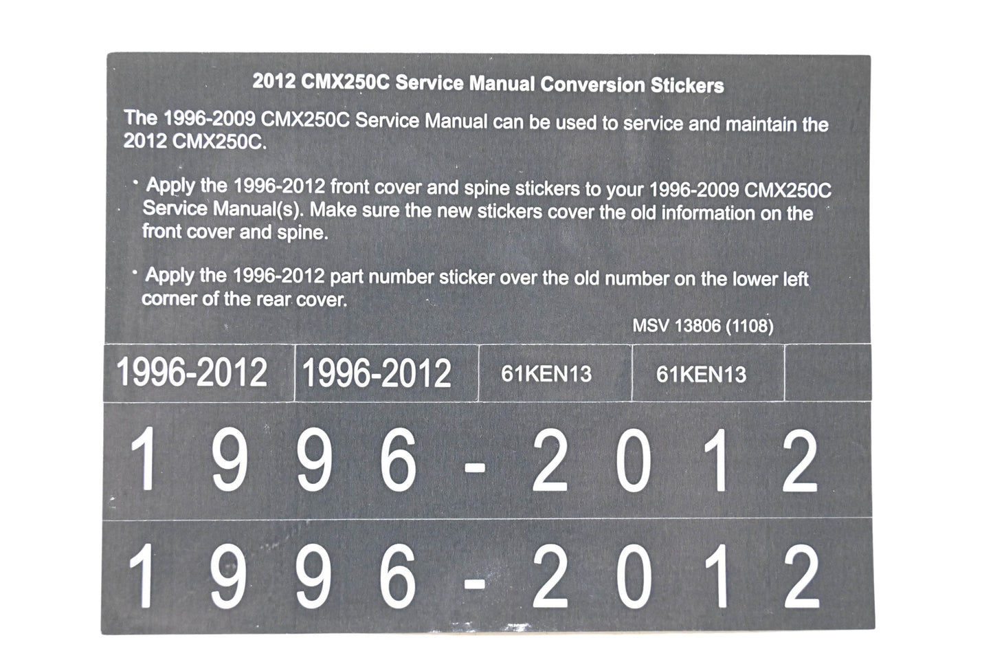 New OEM Honda MSV 13806 2012 CMX250C Service Manual Conversion Sticker Kit NOS