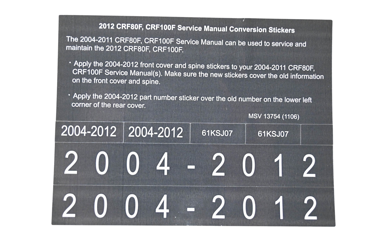 New OEM Honda MSV 13754 2012 CRF80F CRF100F Service Manual Conversion Sticker Kit NOS