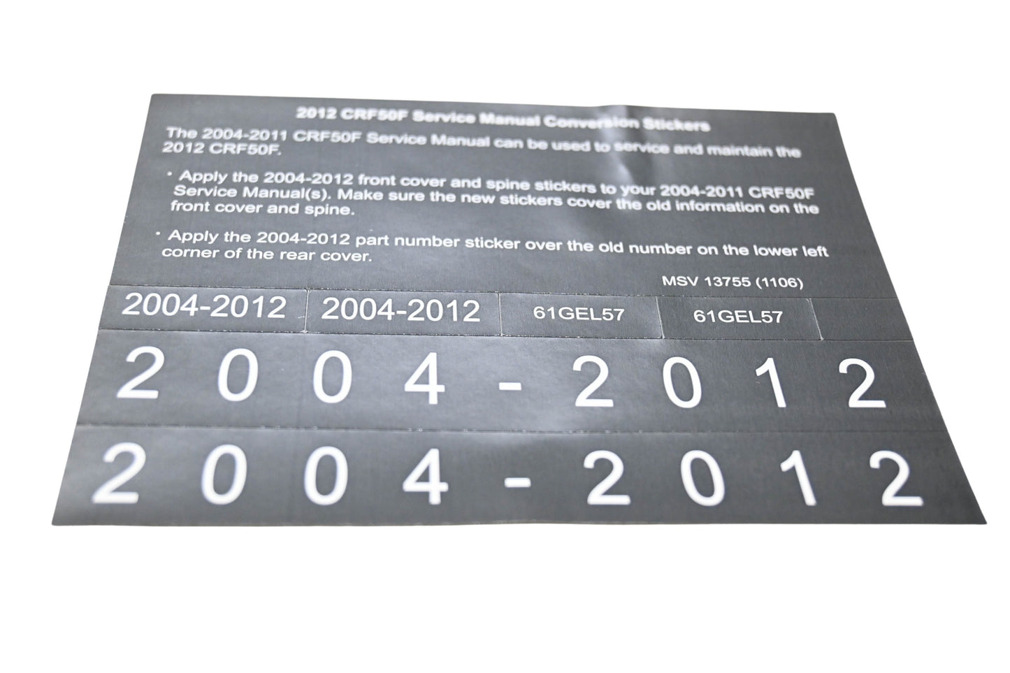 New OEM Honda MSV 13755 2012 CRF50F Service Manual Conversion Sticker Kit NOS