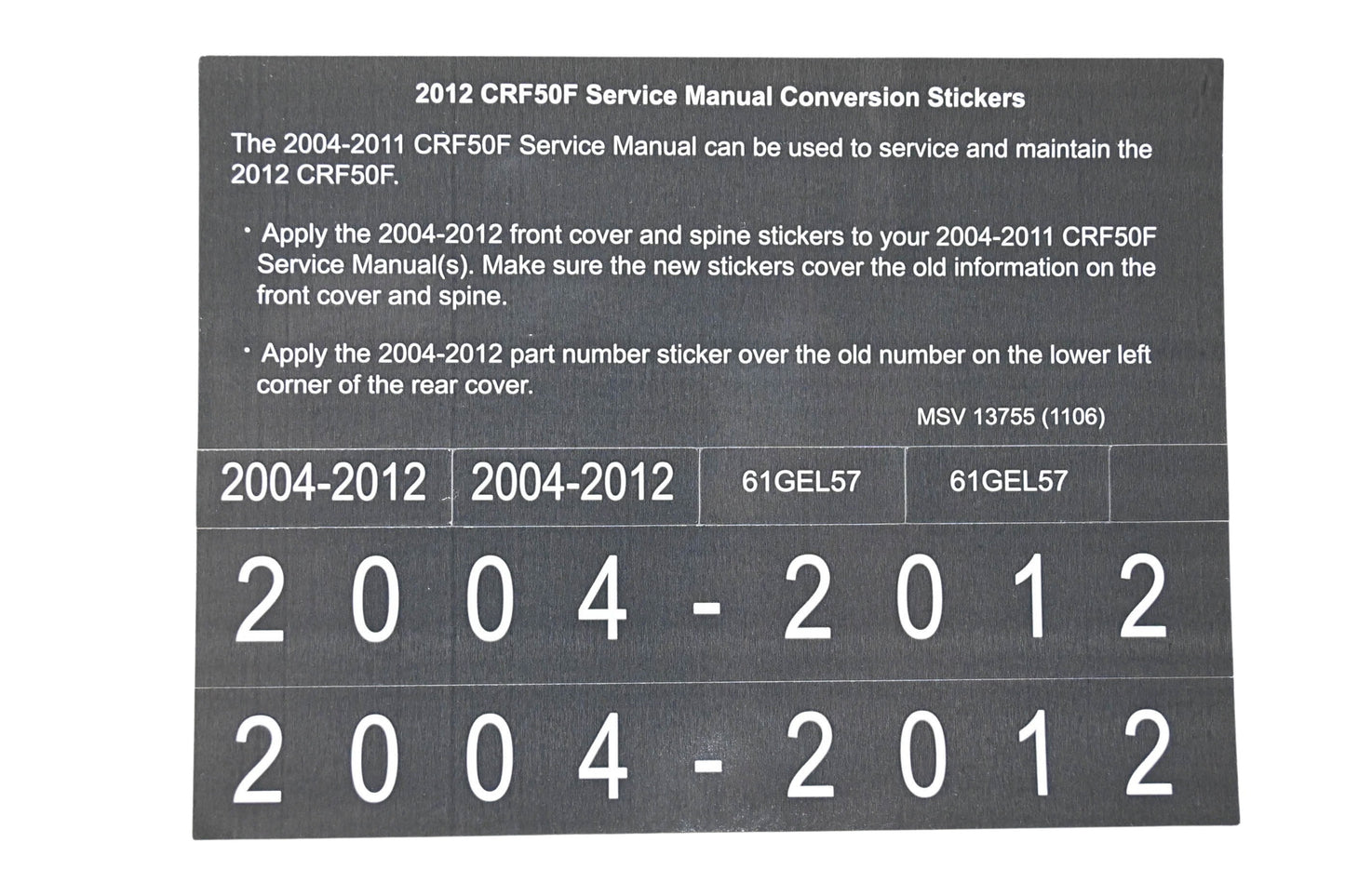 New OEM Honda MSV 13755 2012 CRF50F Service Manual Conversion Sticker Kit NOS