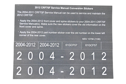New OEM Honda MSV 13756 2012 CRF70F Service Manual Conversion Sticker Kit NOS