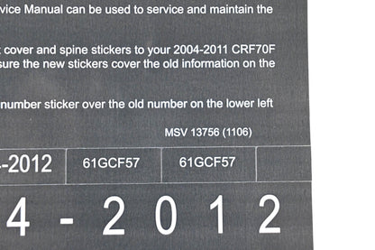 New OEM Honda MSV 13756 2012 CRF70F Service Manual Conversion Sticker Kit NOS