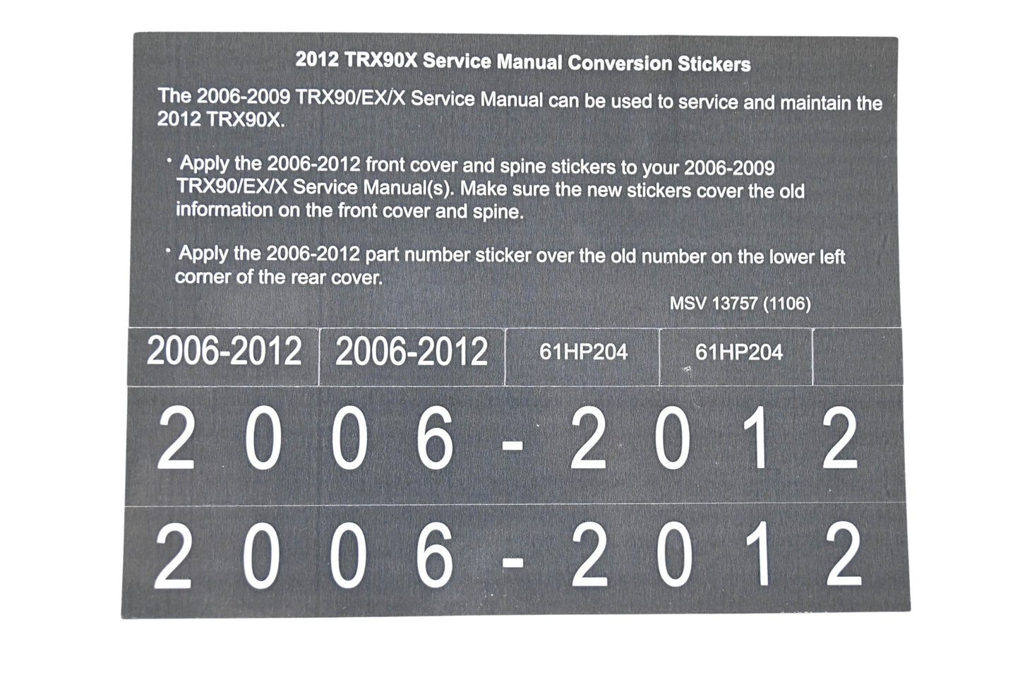 New OEM Honda MSV 13757 2012 TRX90X Service Manual Conversion Sticker Kit NOS