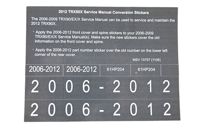 New OEM Honda MSV 13757 2012 TRX90X Service Manual Conversion Sticker Kit NOS