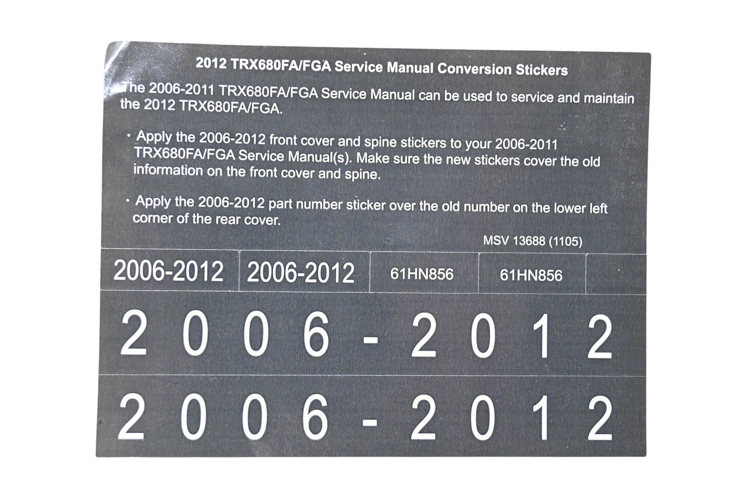 New OEM Honda MSV 13688 2012 TRX680FA/FGA Service Manual Conversion Sticker Kit NOS