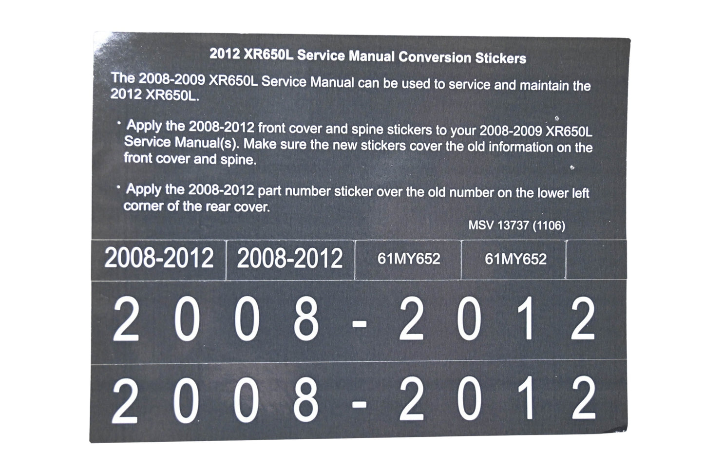 New OEM Honda MSV 13737 2012 XR650L Service Manual Conversion Sticker Kit NOS