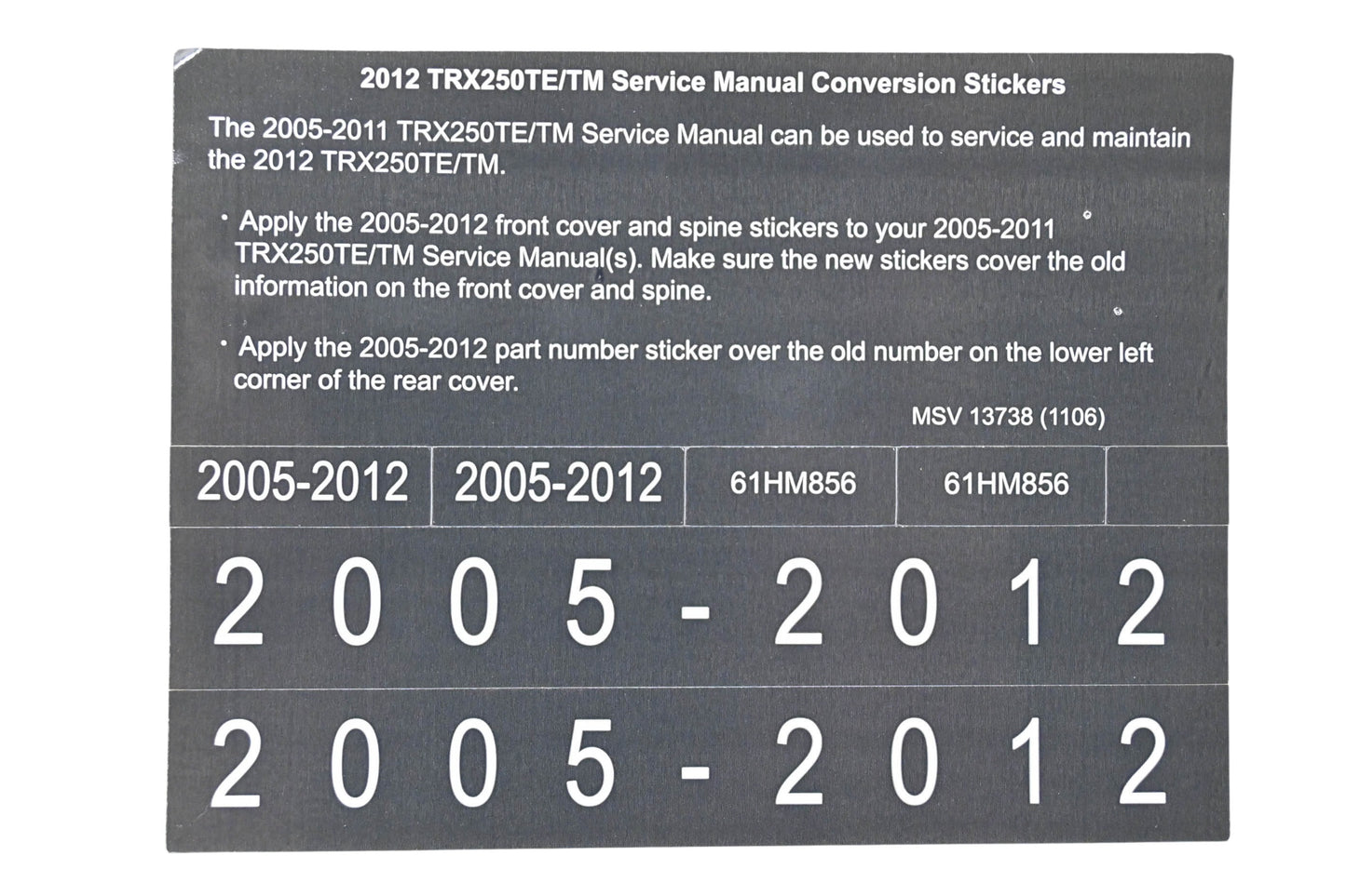 New OEM Honda MSV 13738 2012 TRX250TE/TM Service Manual Conversion Sticker Kit NOS