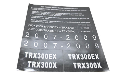 New OEM Honda MSV 12560 2009 TRX300X Service Manual Conversion Sticker Kit NOS