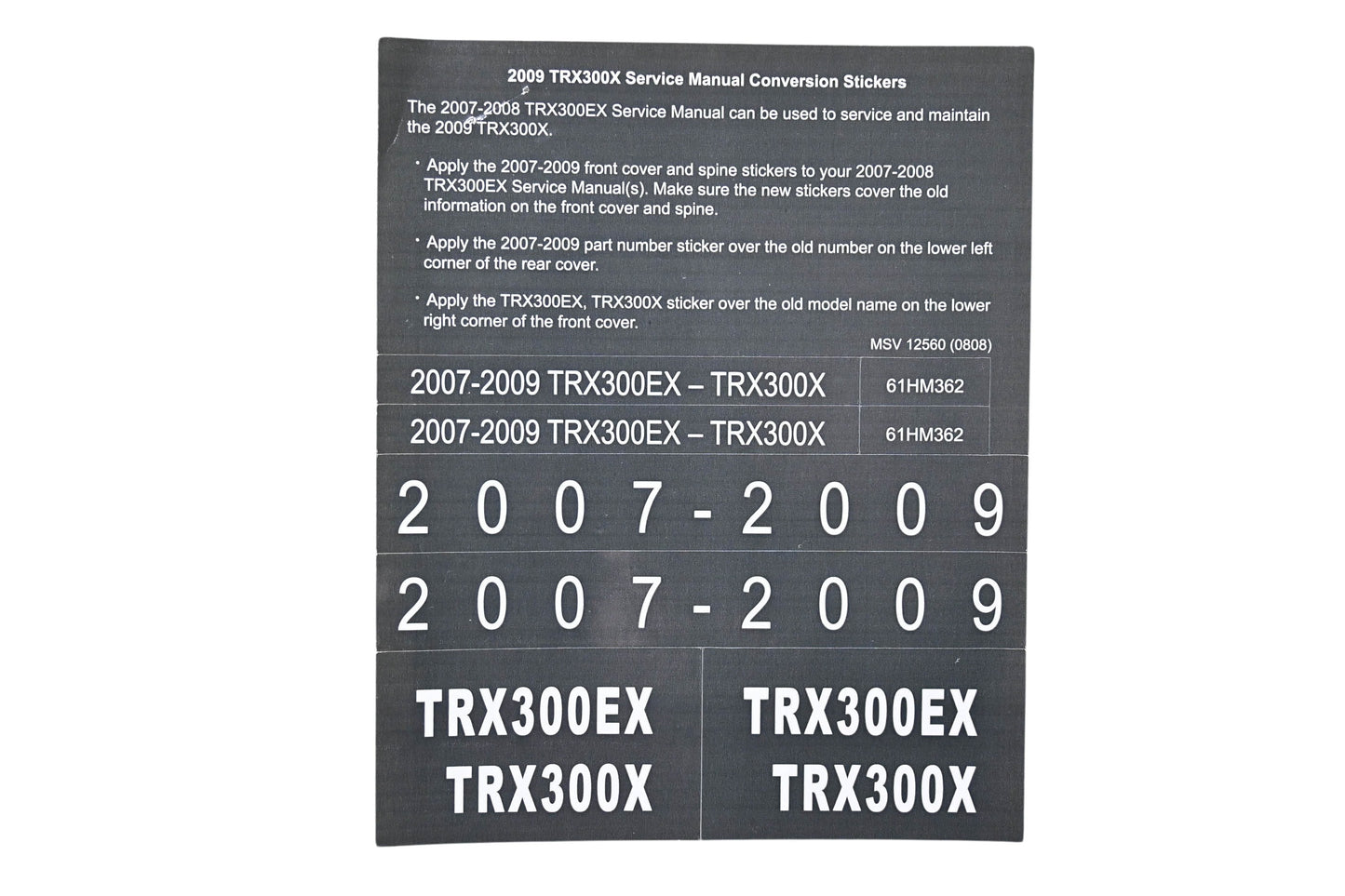 New OEM Honda MSV 12560 2009 TRX300X Service Manual Conversion Sticker Kit NOS