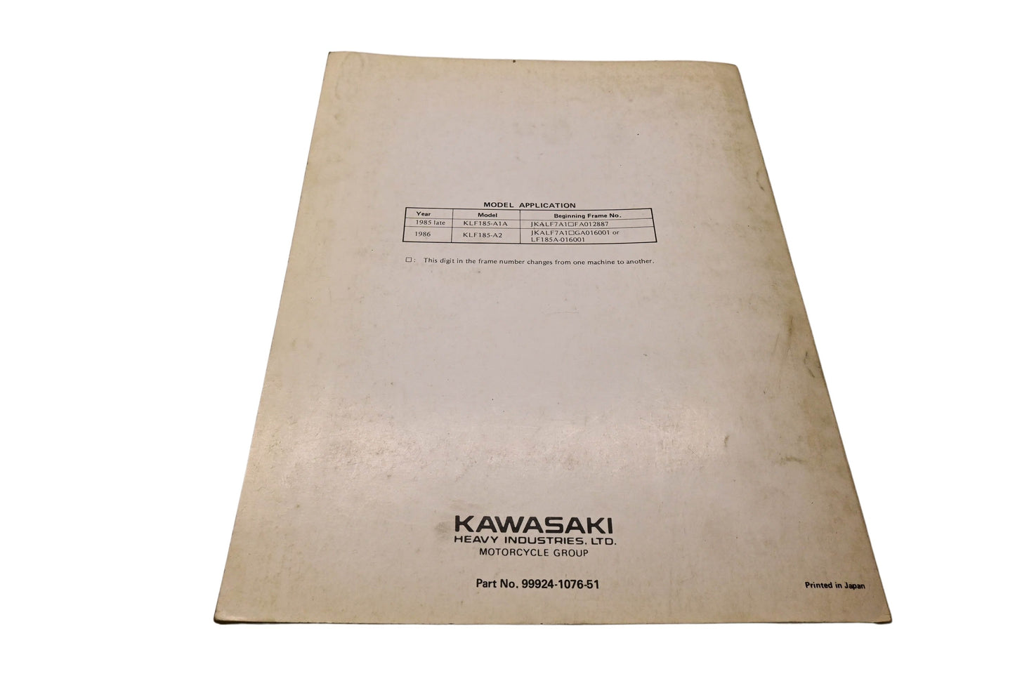 OEM Kawasaki 99924-1076-51 KLF185 All Terrain Vehicle Service Manual Supplement