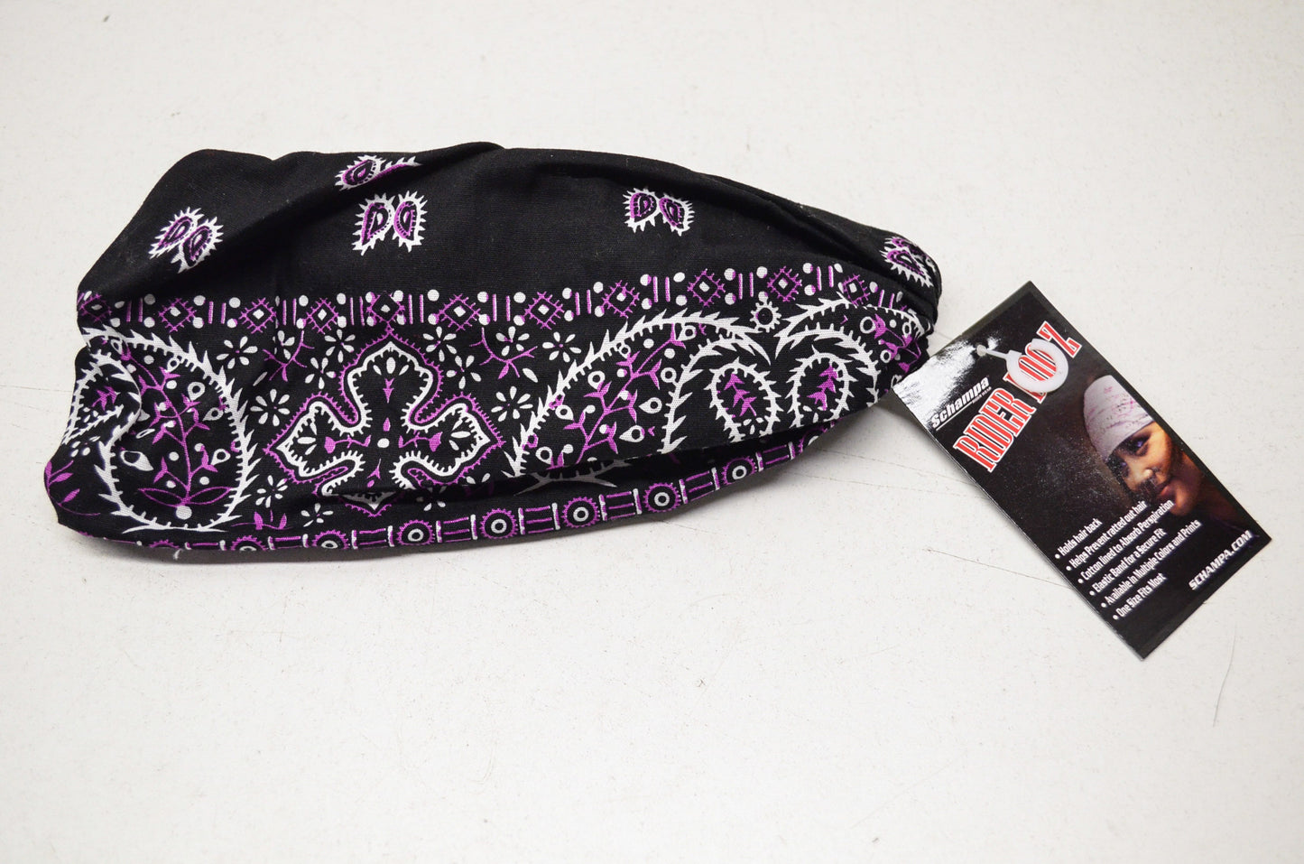 New Schampa Light Rider Doo Z Elastic Headband Black W/ Purple & White Paisley