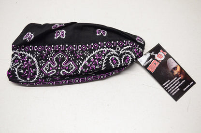 New Schampa Light Rider Doo Z Elastic Headband Black W/ Purple & White Paisley