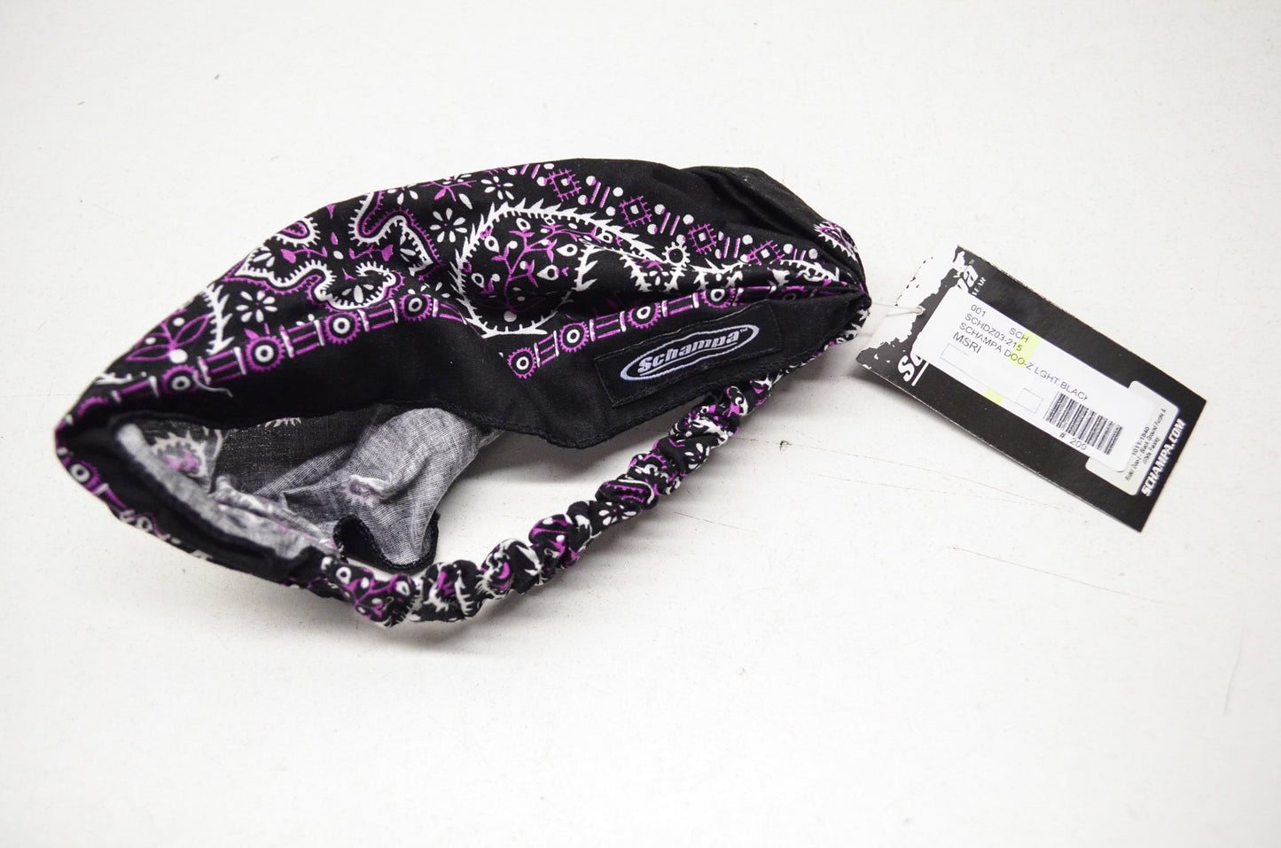 New Schampa Light Rider Doo Z Elastic Headband Black W/ Purple & White Paisley