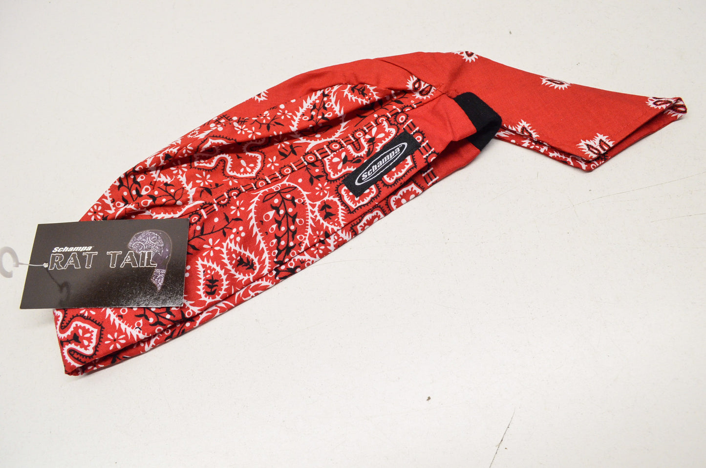 New Schampa Old School Rat Tail Skull Cap Stretch Band Black White on Red Paisle