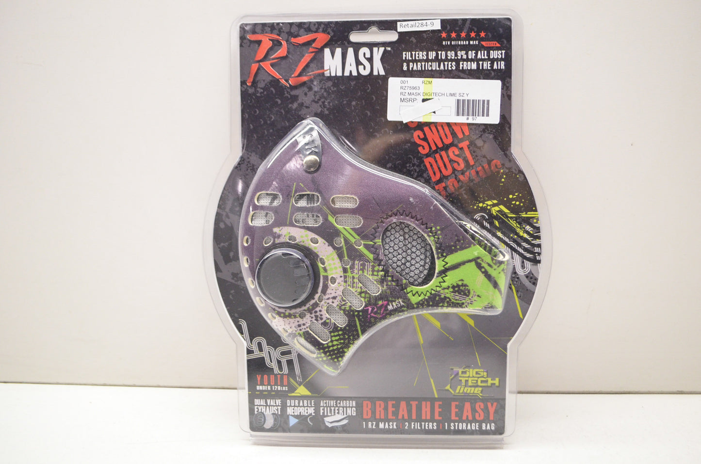 New RZ Mask Digitech Lime Yth Sz Mask W/ Filters & Storage Bag