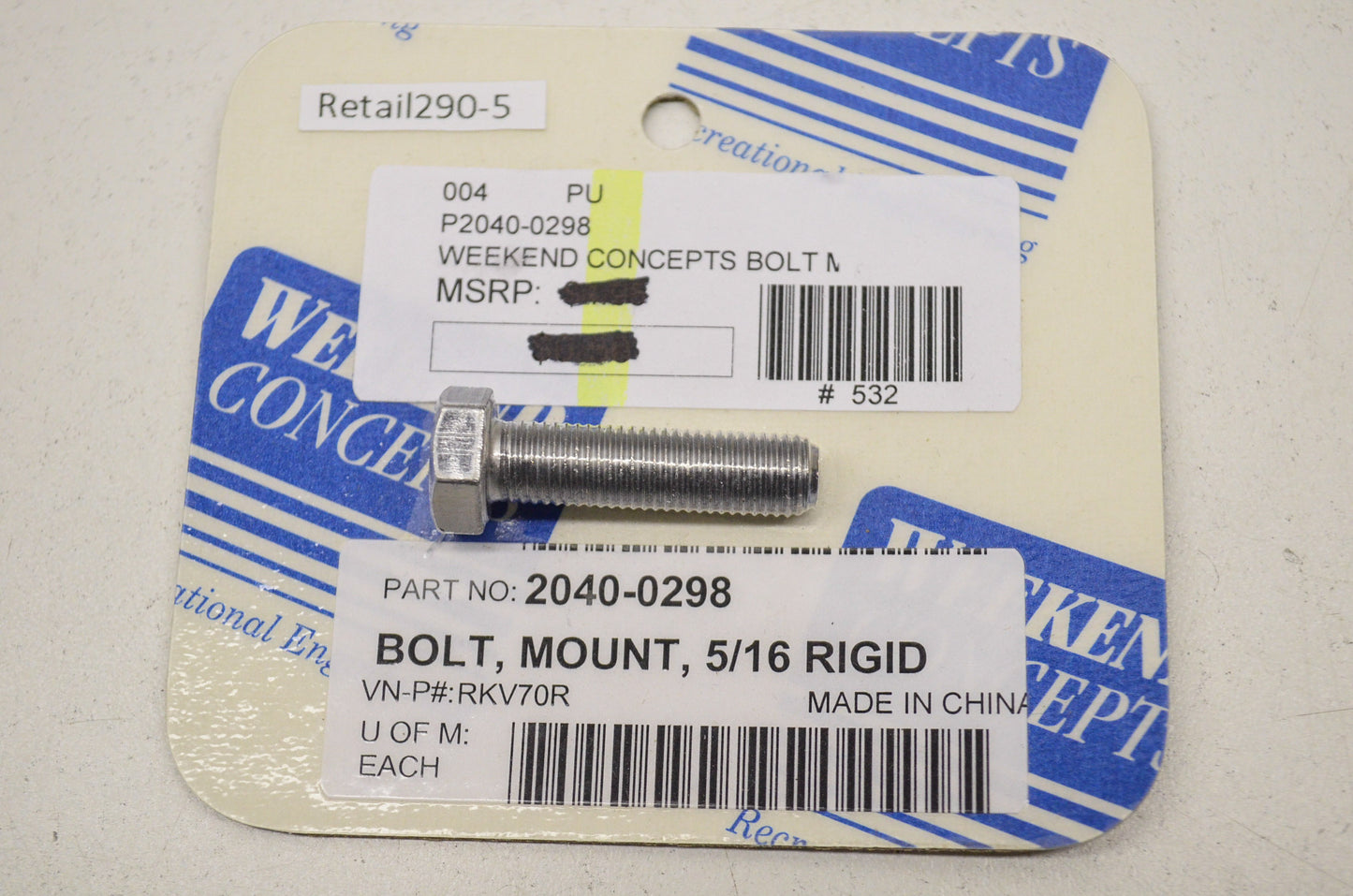New Weekend Concepts Mount Bolt 5/16 Rigid