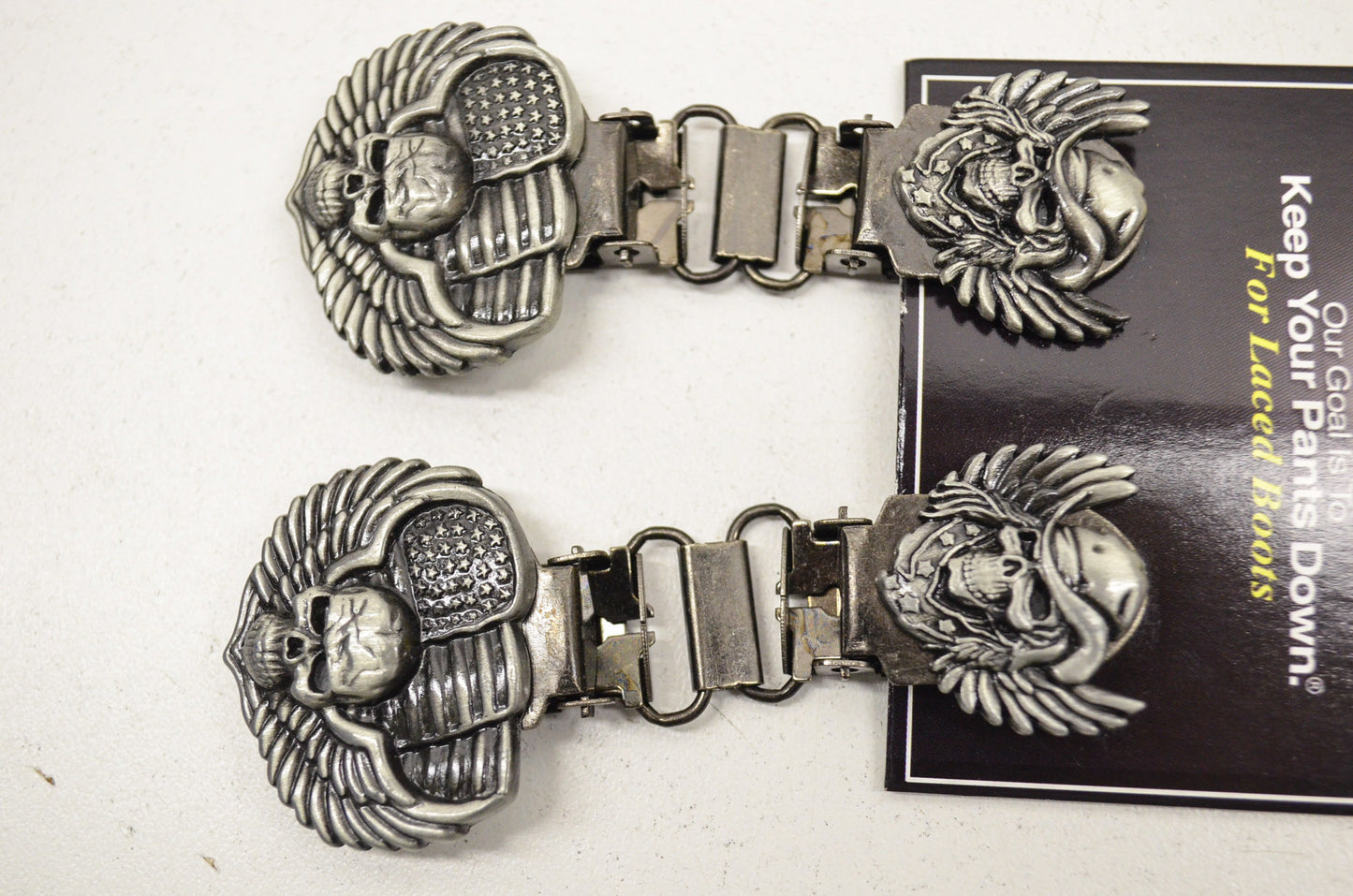 Front Boot Lace Clip Pair Skull & Wings NOS